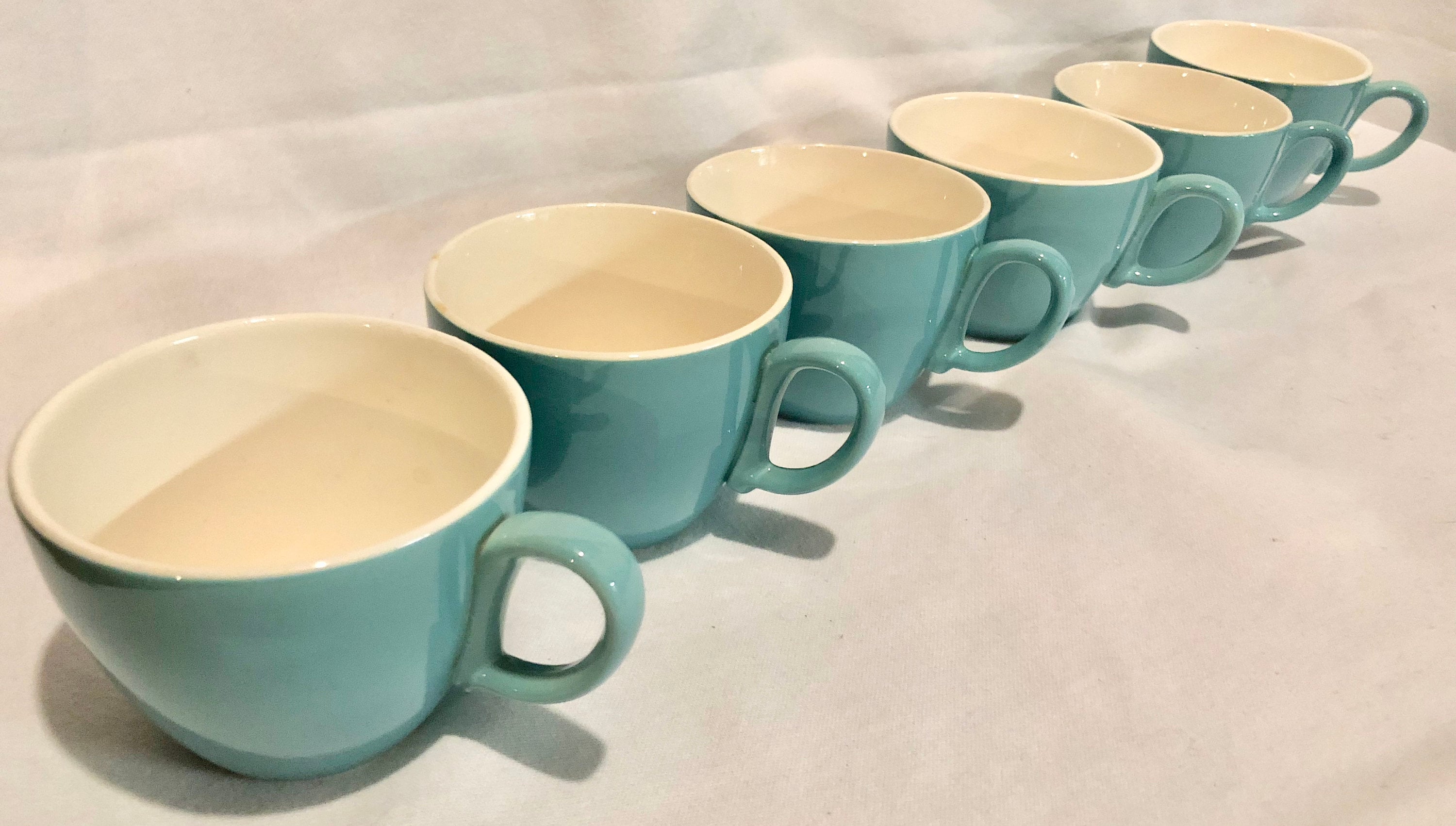 Vintage Midcentury Teal and Cream Colored Coffee Cups Set of Six