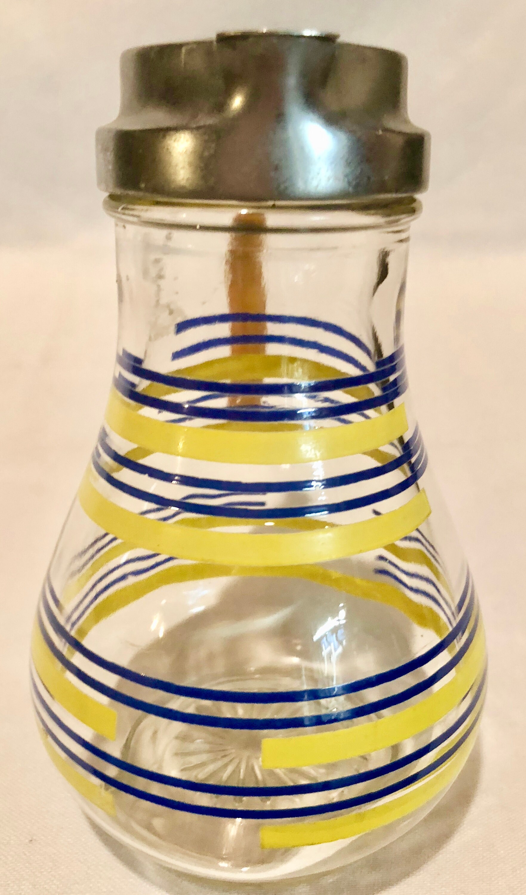 Vintage Midcentury Blue and Yellow Striped Glass Syrup Dispenser with