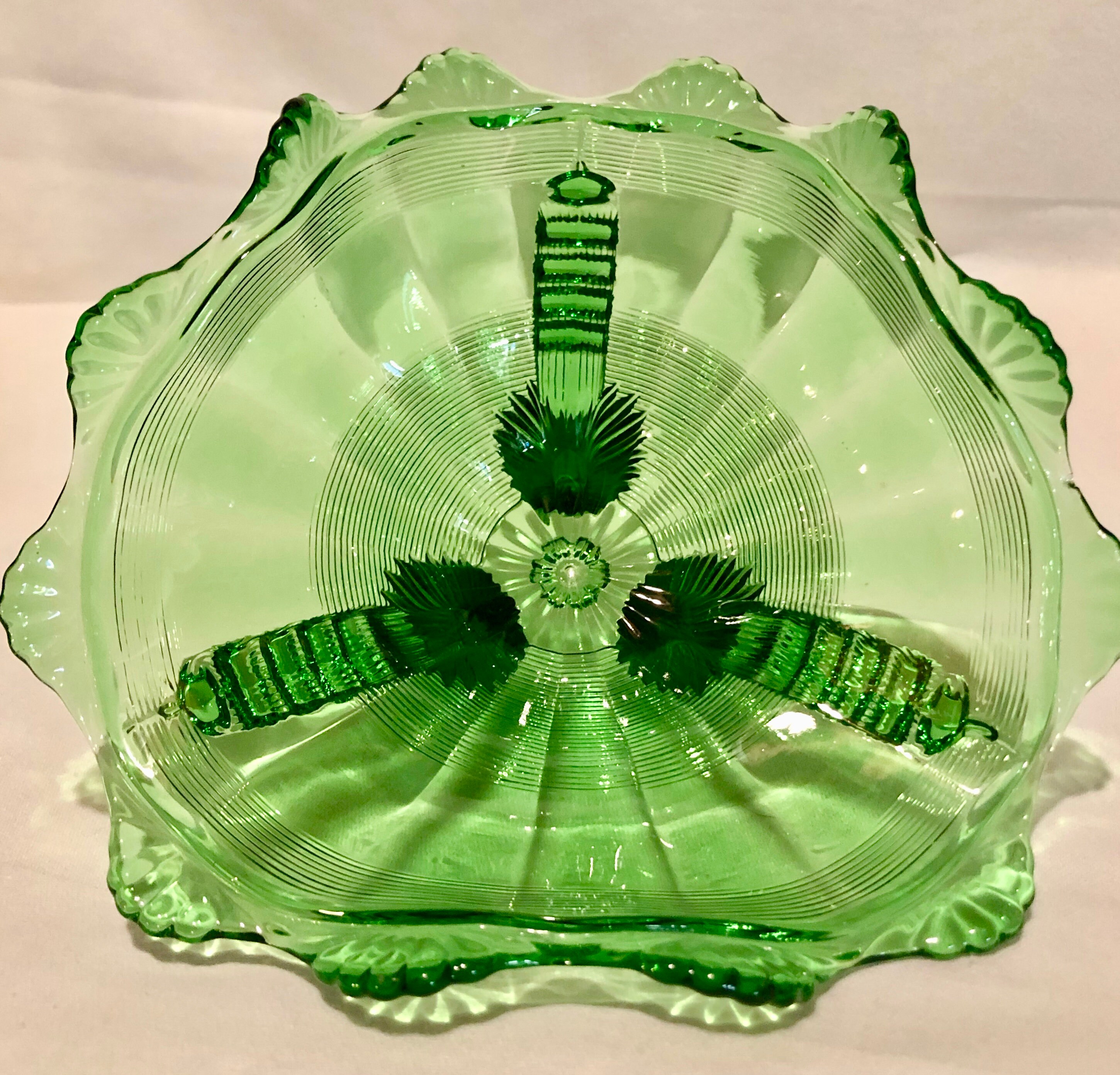 Antique Green Depression Glass Footed Serving Bowl/Dish