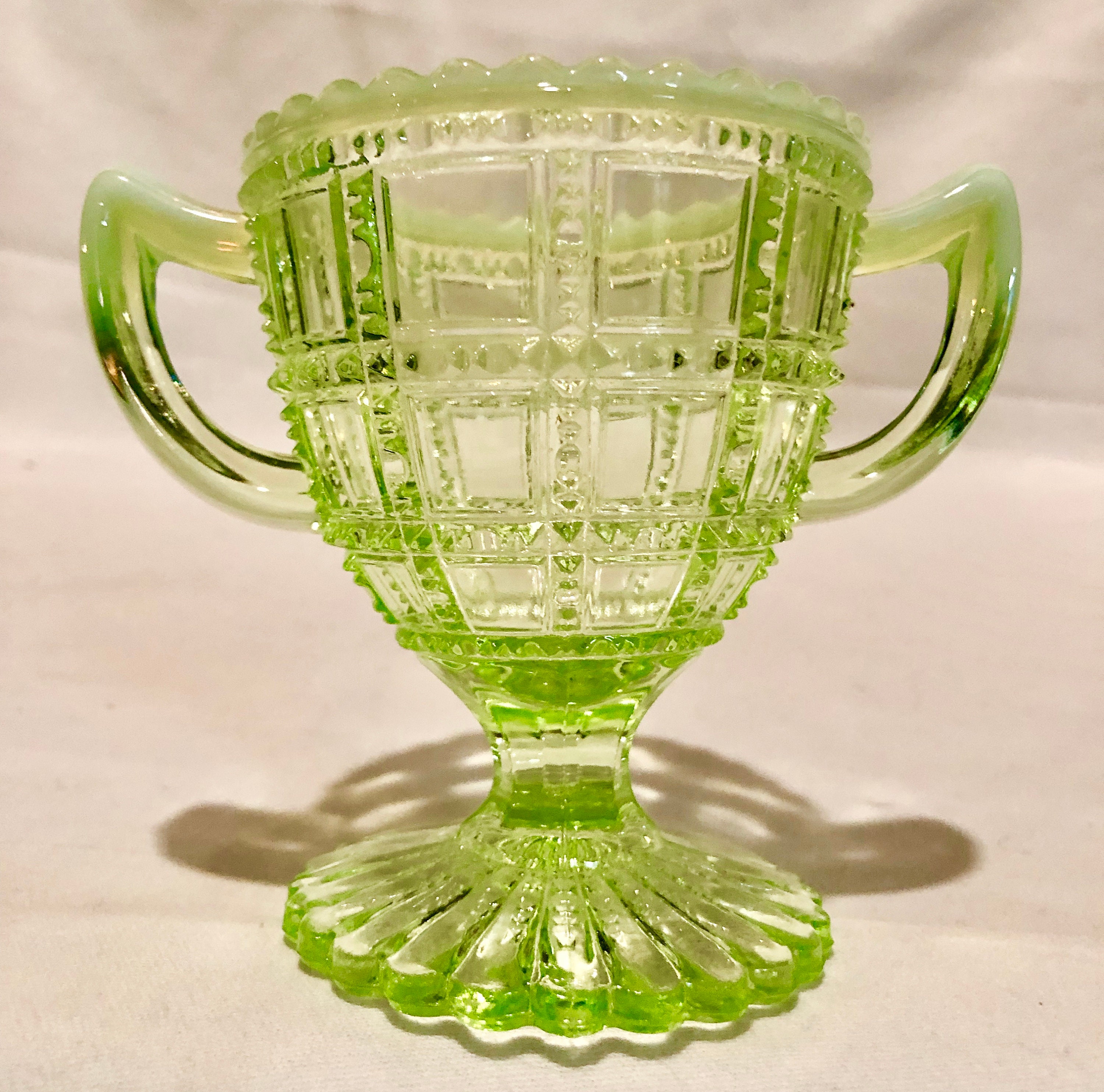 Antique Vaseline Depression Glass Footed Sugar Bowl in Imperial Beaded