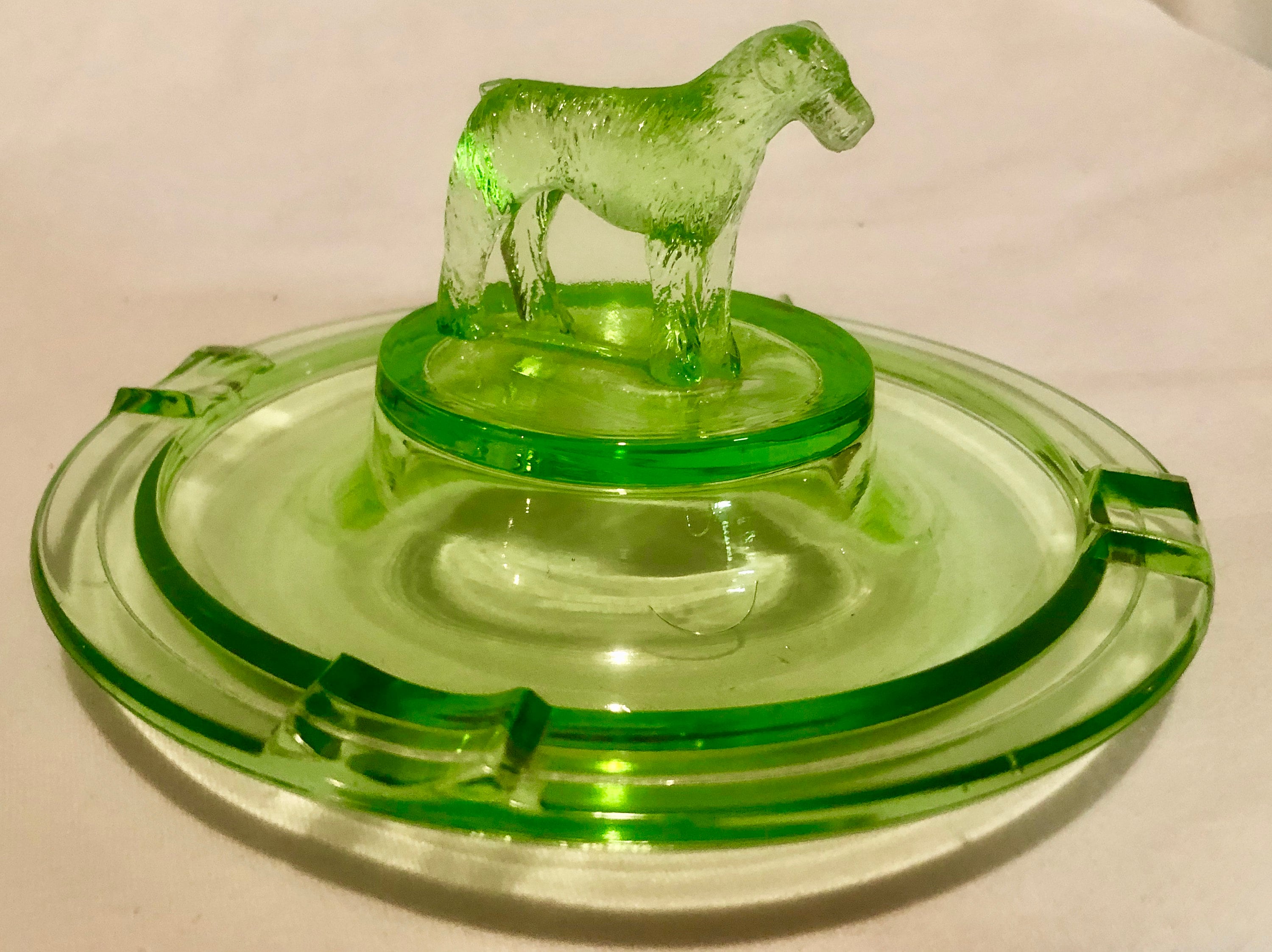 Vintage Green Vaseline/Uranium Depression Glass Terrier/Scottie Dog Ashtray