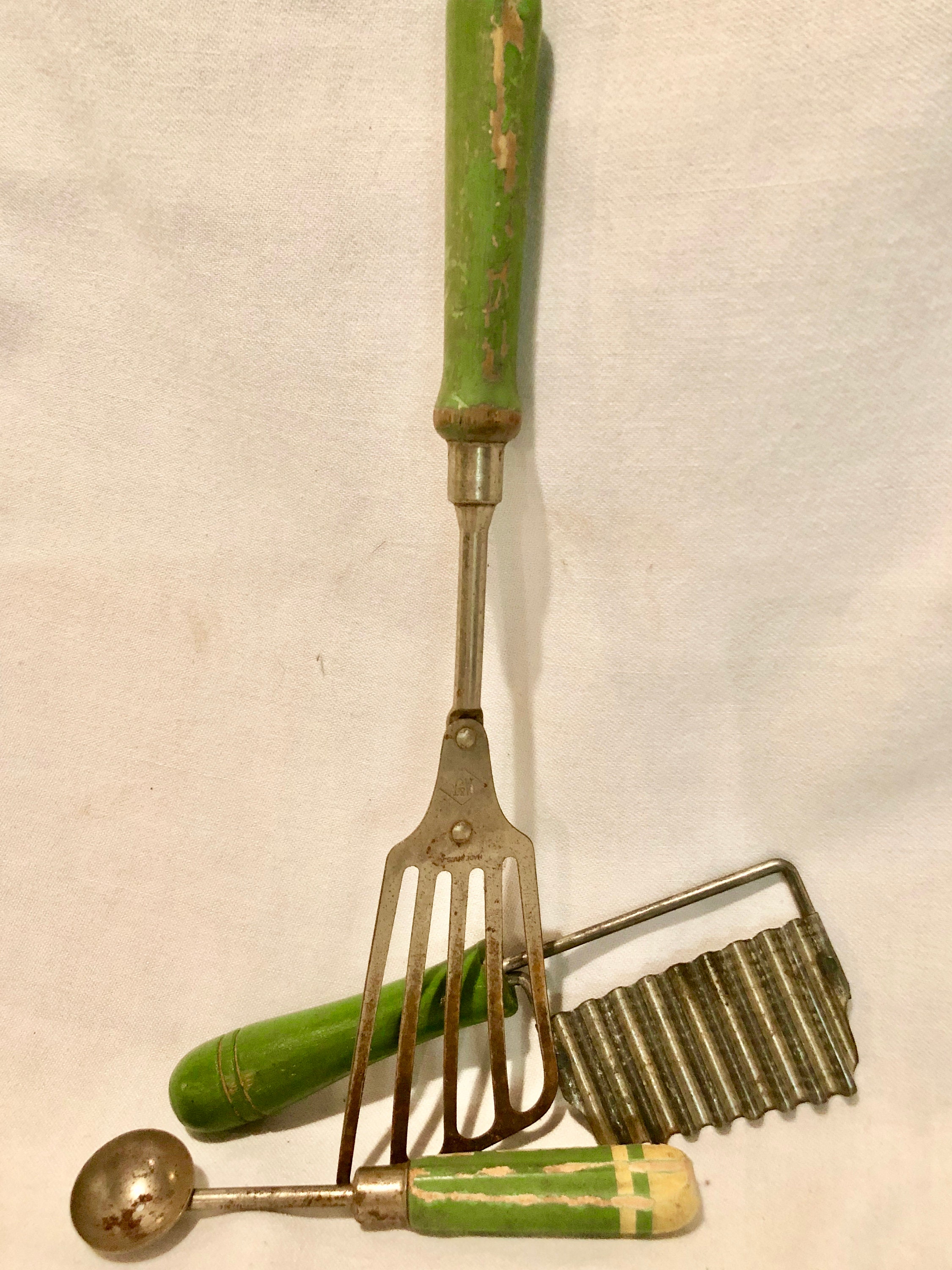 Vintage Midcentury Kitchen Cooking Utensils with Green Painted Wooden