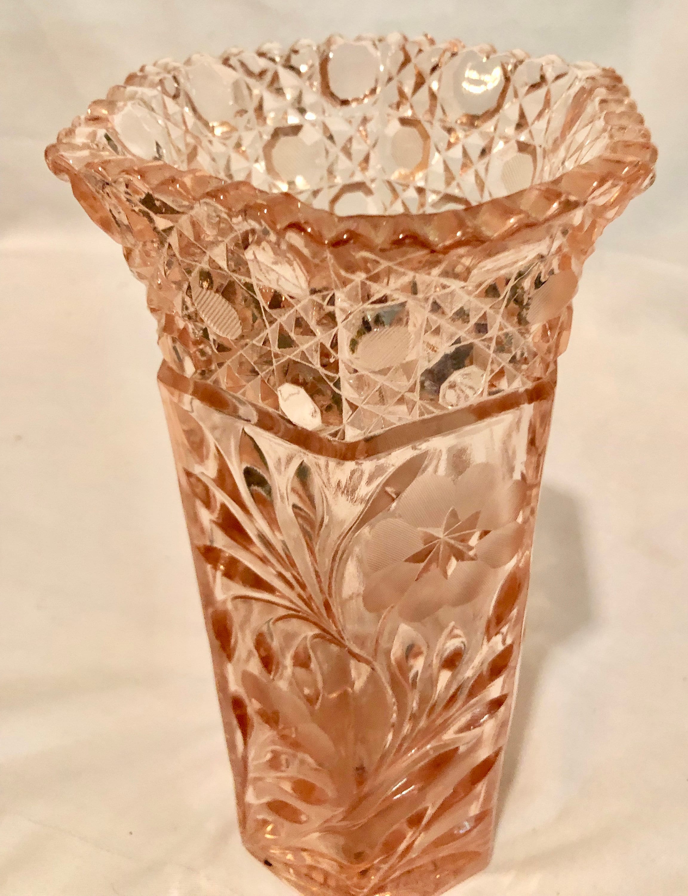 Blush Pink Depression Cut Glass Vase With Floral Tic Tac Toe Pattern