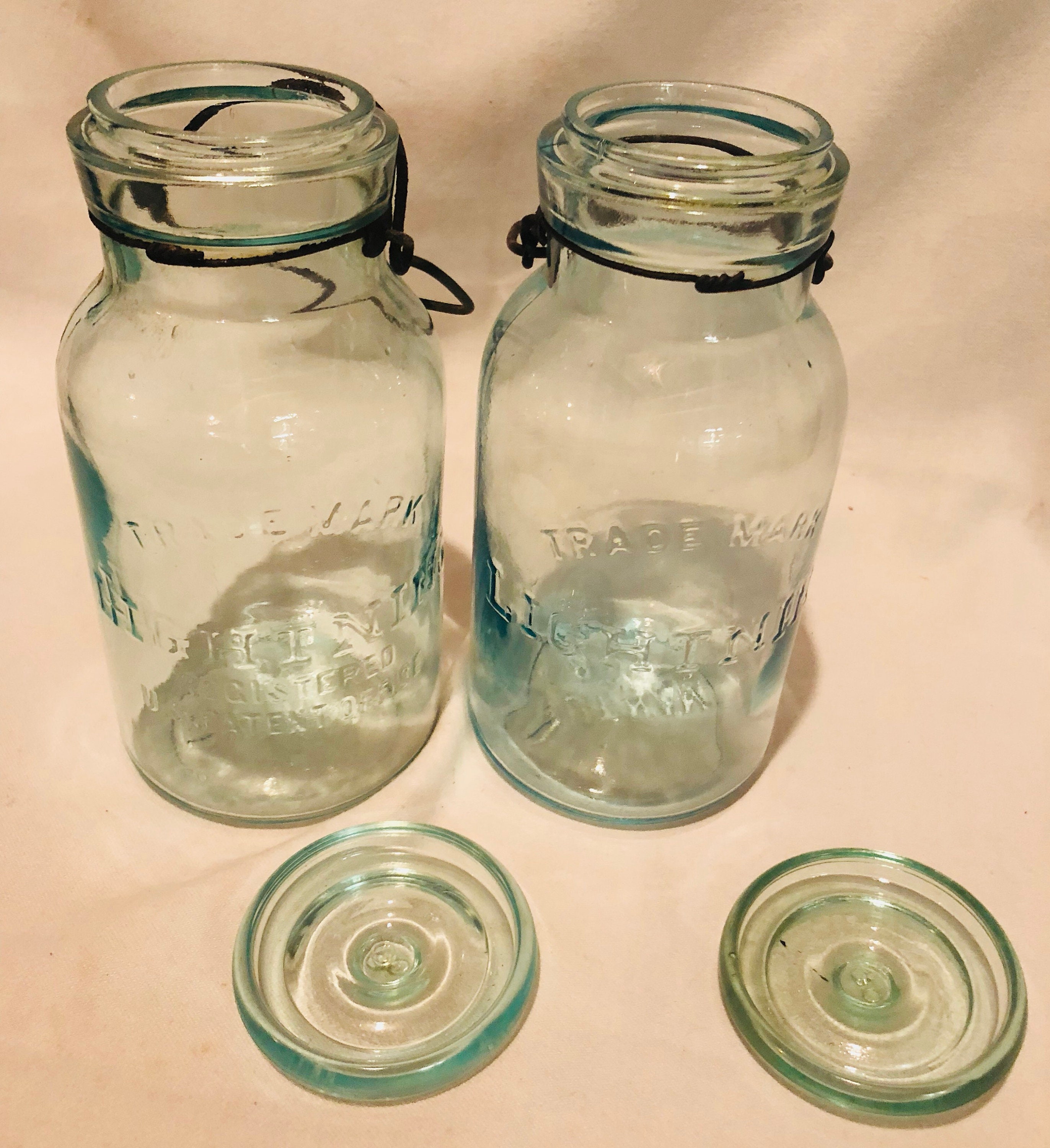 Antique Green Tinted Lightening Fruit/Canning Glass Jars