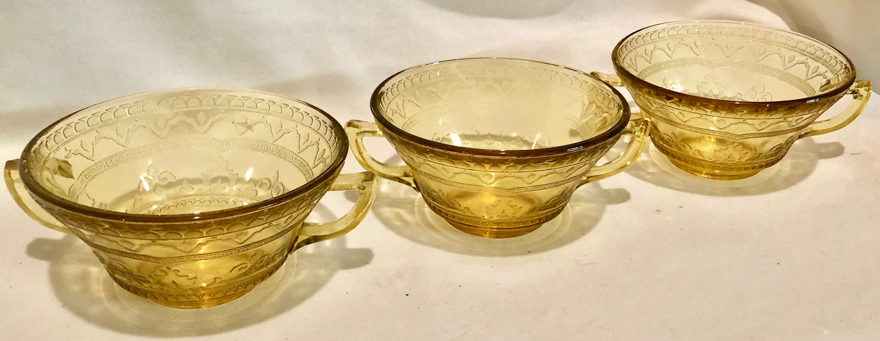Antique Yellow Depression Glass Two Handled Cream Soup Bowls Set of Three
