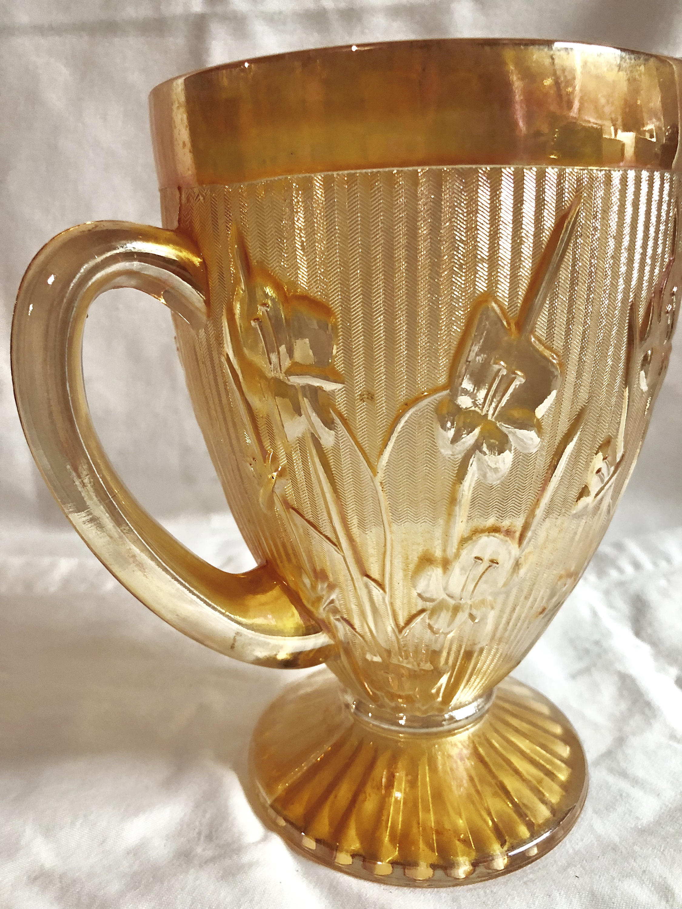 Antique Iris and Herringbone Marigold Carnival Glass Pitcher