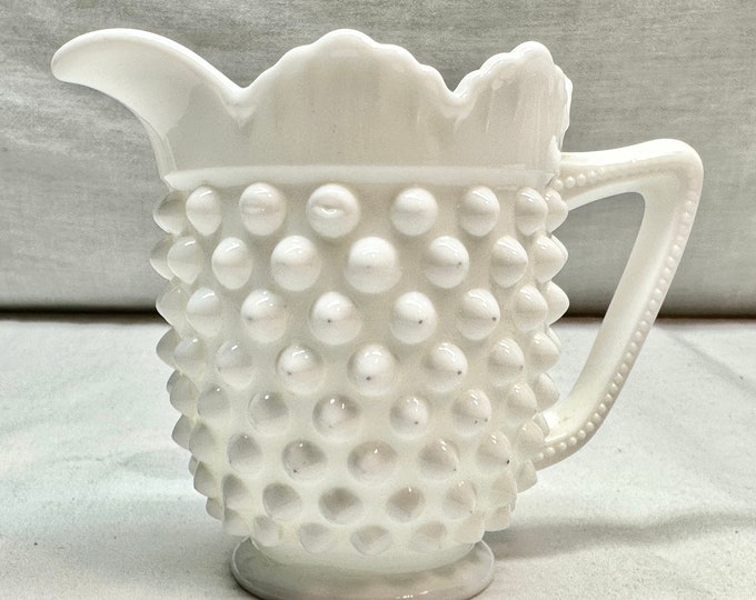 Vintage White Milk Glass Hobnail Creamer with Ruffled Edge