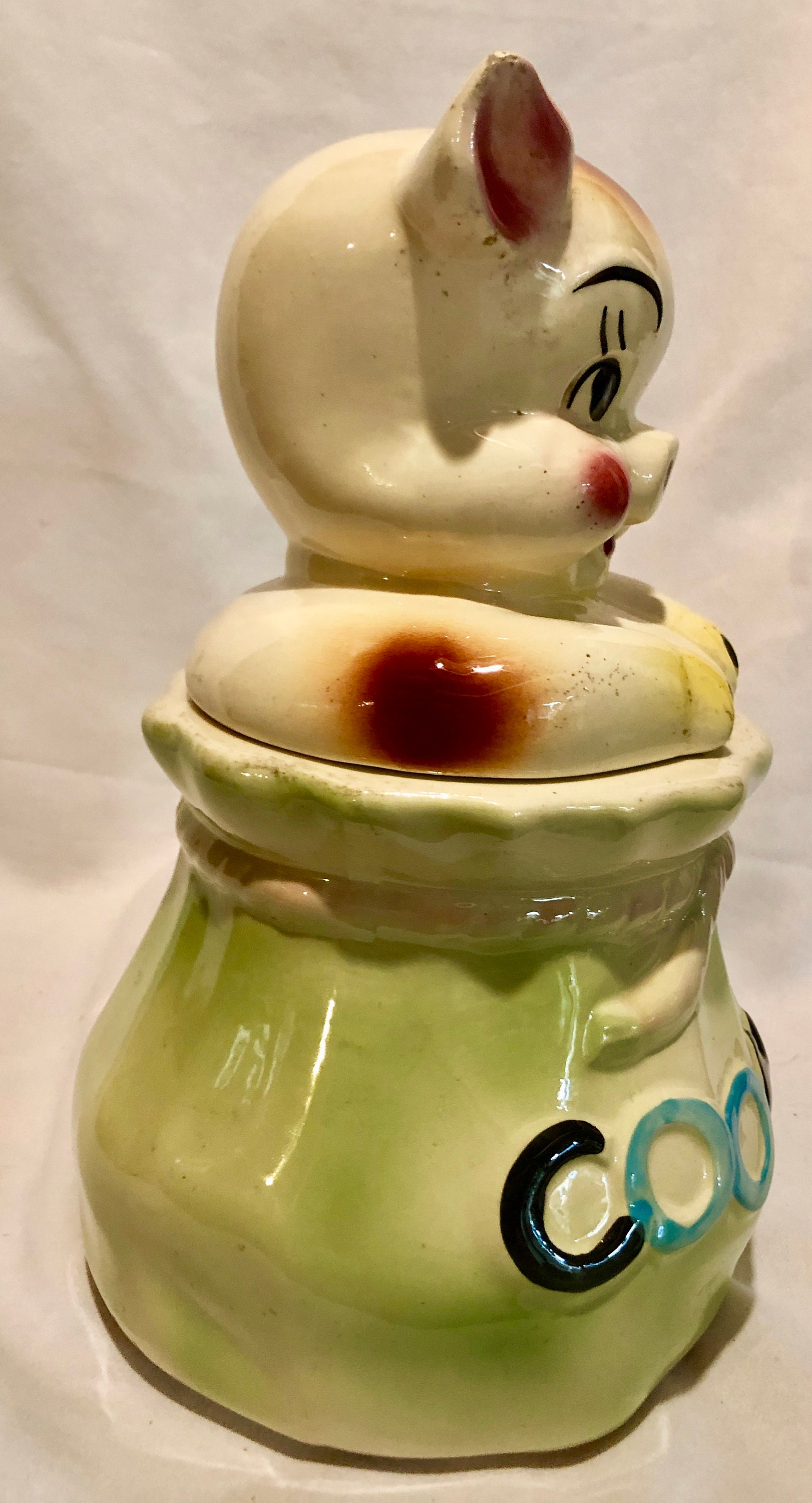 Vintage Mid Century USA American Bisque Pottery 'Pig In a Poke' Cookie Jar