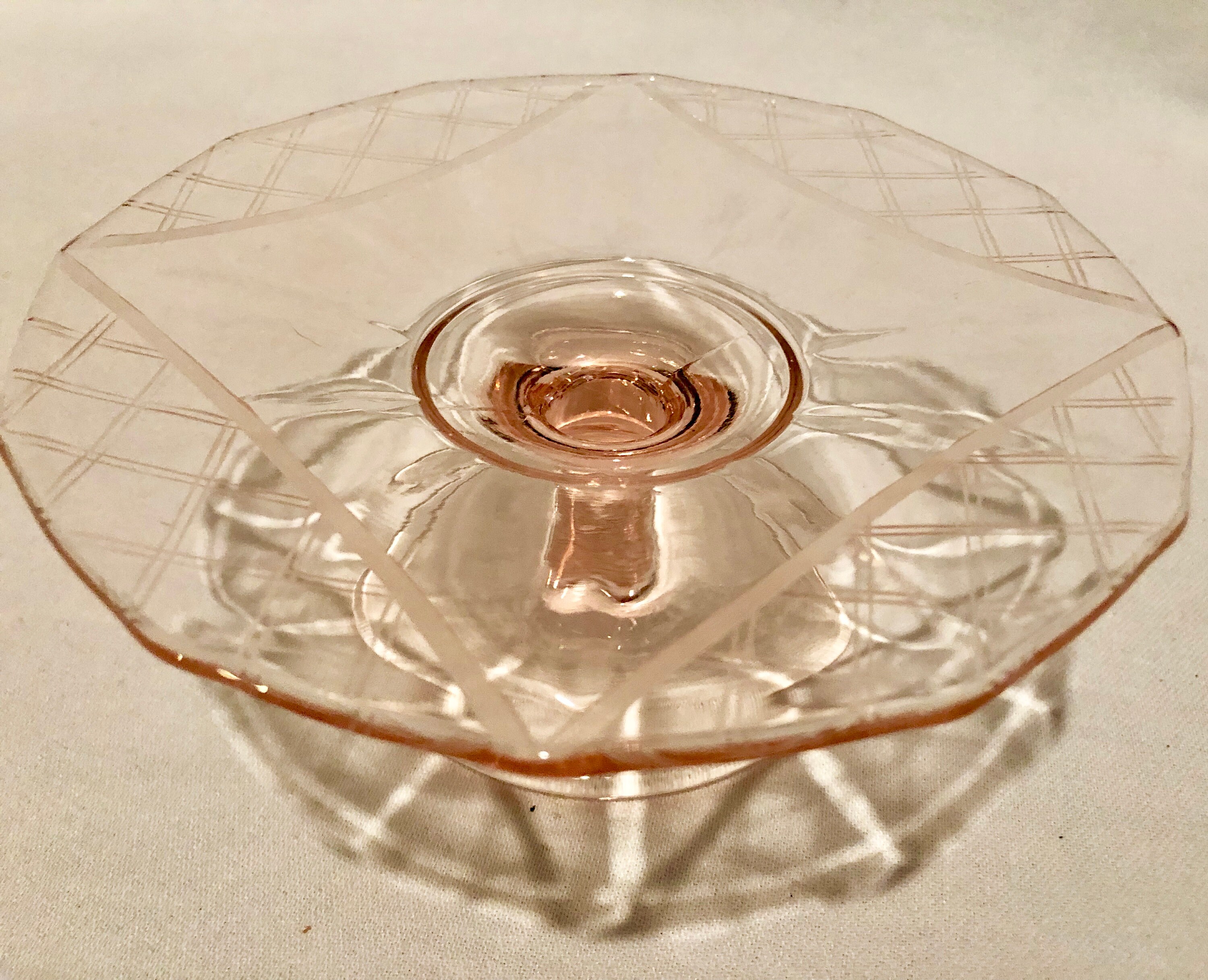 Blush Pink Depression Glass Footed Serving Dish