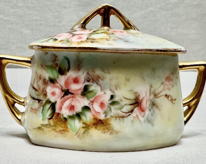 Antique Porcelain Hand Painted Floral Two Handled Covered Sugar, CT Alt Masse, Germany