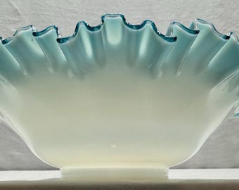 Vintage Fenton Art Glass White Glass Bowl with Blue Ruffled Edge