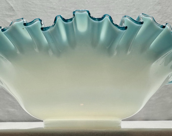 Vintage Fenton Art Glass White Glass Bowl with Blue Ruffled Edge
