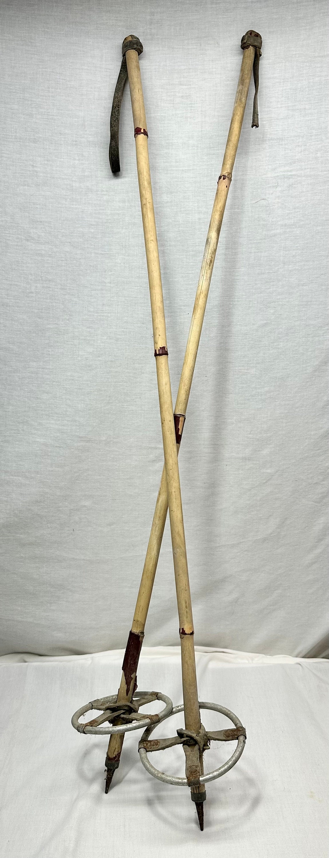 Vintage Antique Snowshoe/Ski Bamboo Poles with Aluminum Leather Rattan Basket Grip