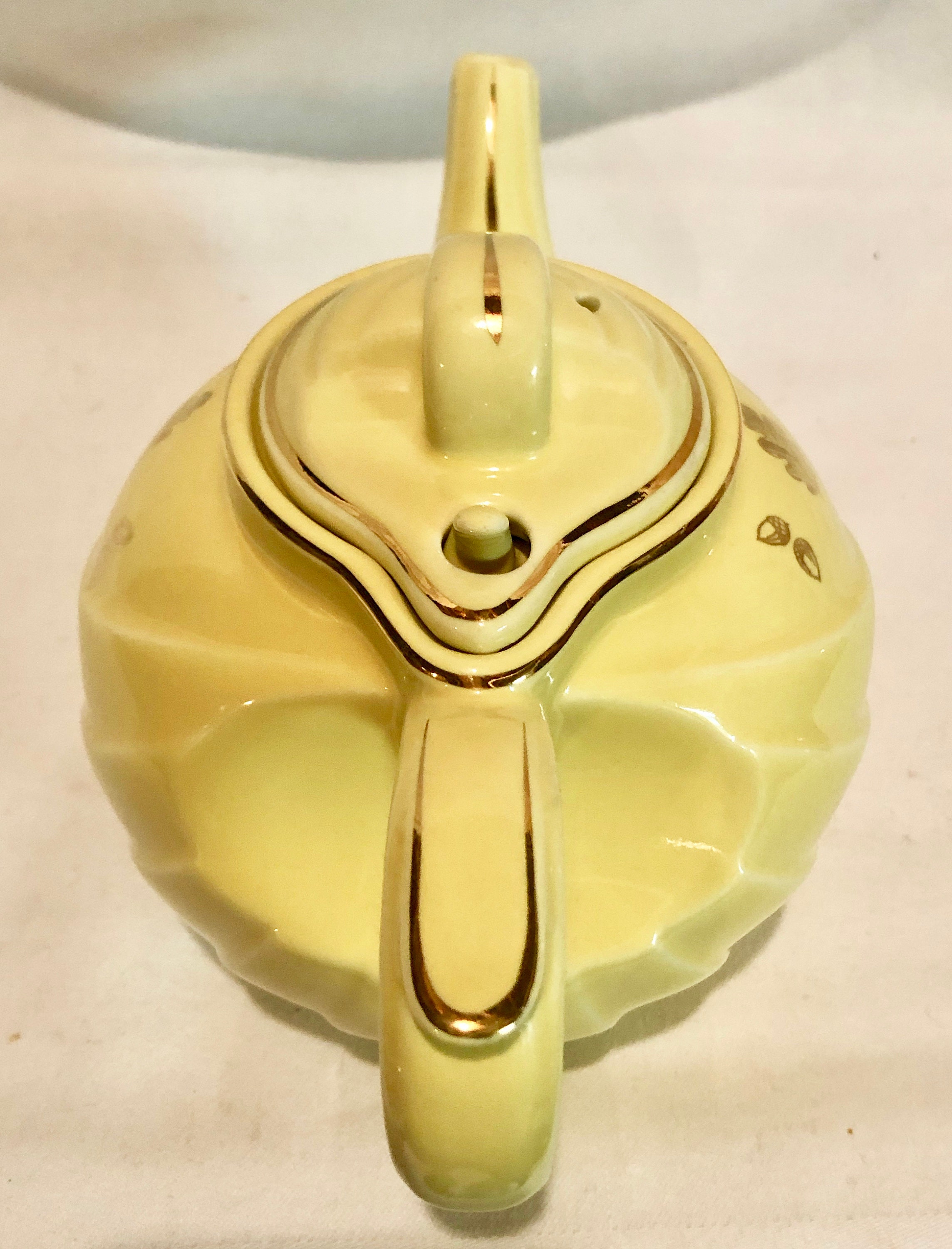 Vintage Halls Pottery Yellow Teapot with Gold Leaf , No 0799, 6 Cup