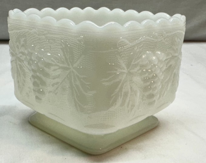 Vintage White Milk Glass Square Planter with Grapevine and Leaf Pattern