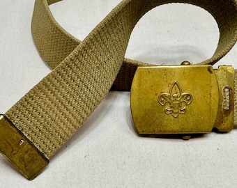 Vintage Boy Scouts of America Khaki Canvas Belt with Brass Buckle, Made in USA