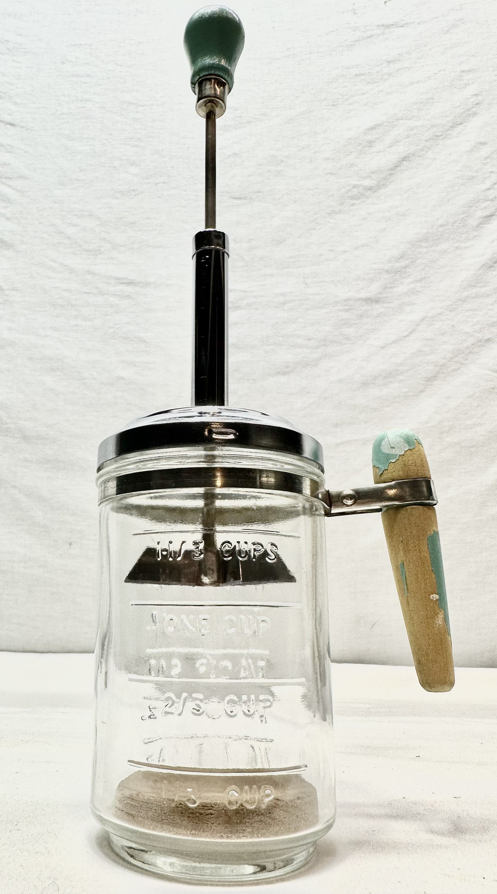 Vintage Anchor Hocking 12 Ounce Clear Glass Hand Held Chopper with  Teal/White Wooden Painted Handles