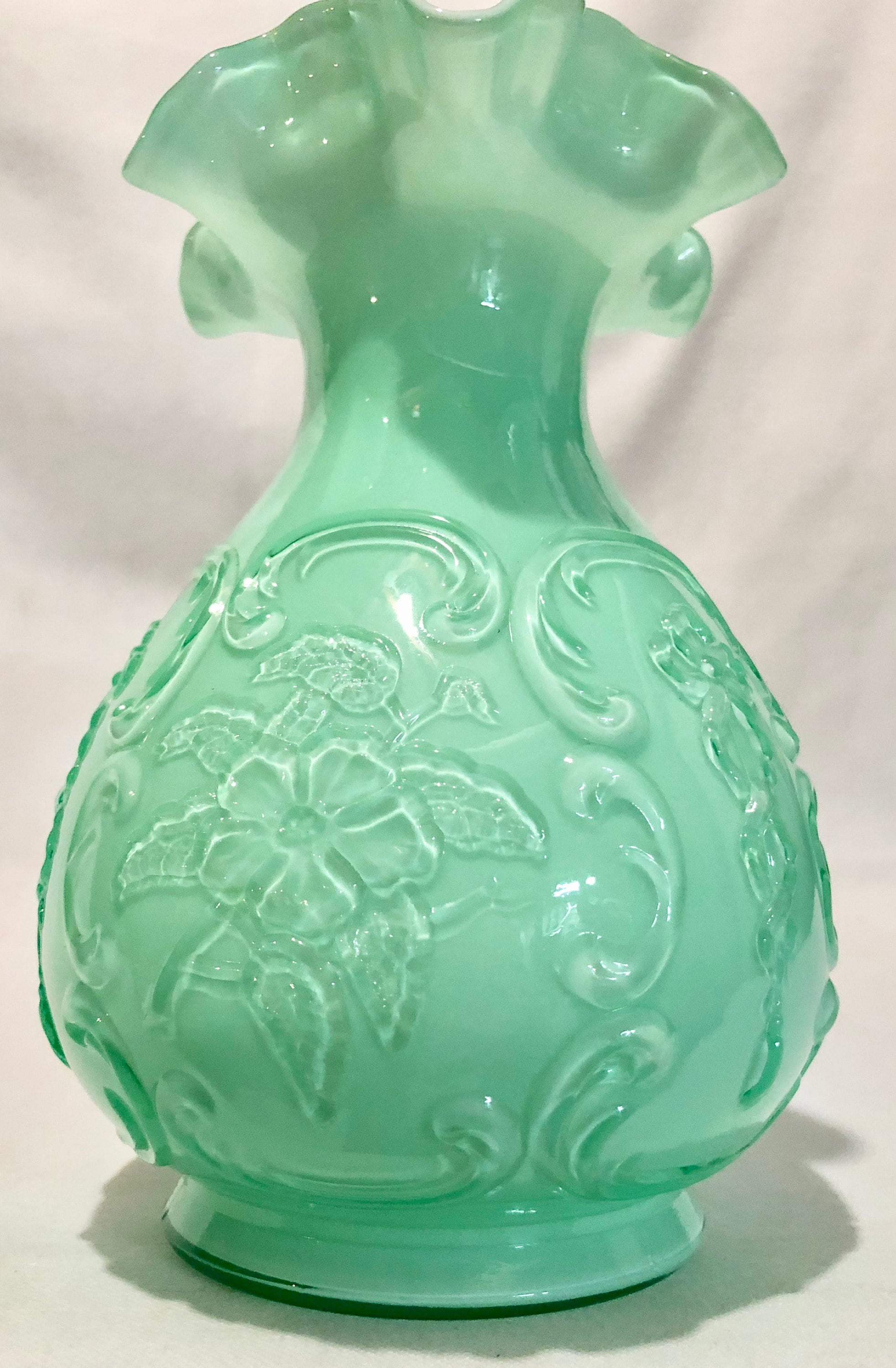 Antique Fenton Mint Green Floral Scrolled Glass Vase with Ruffled Edge