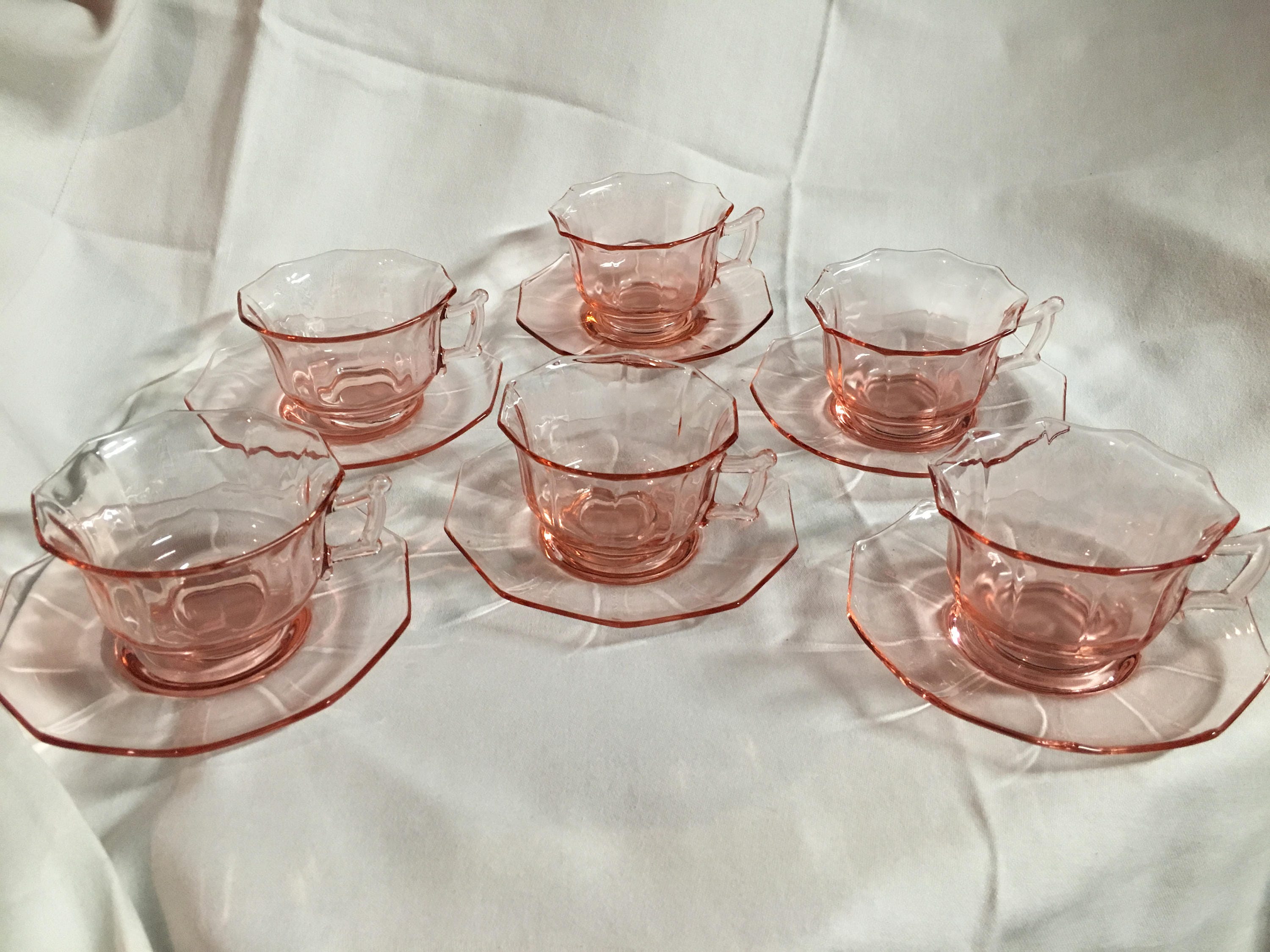 Vintage Delicate Pink Depression Glass Set of Six Tea Cups & Saucers
