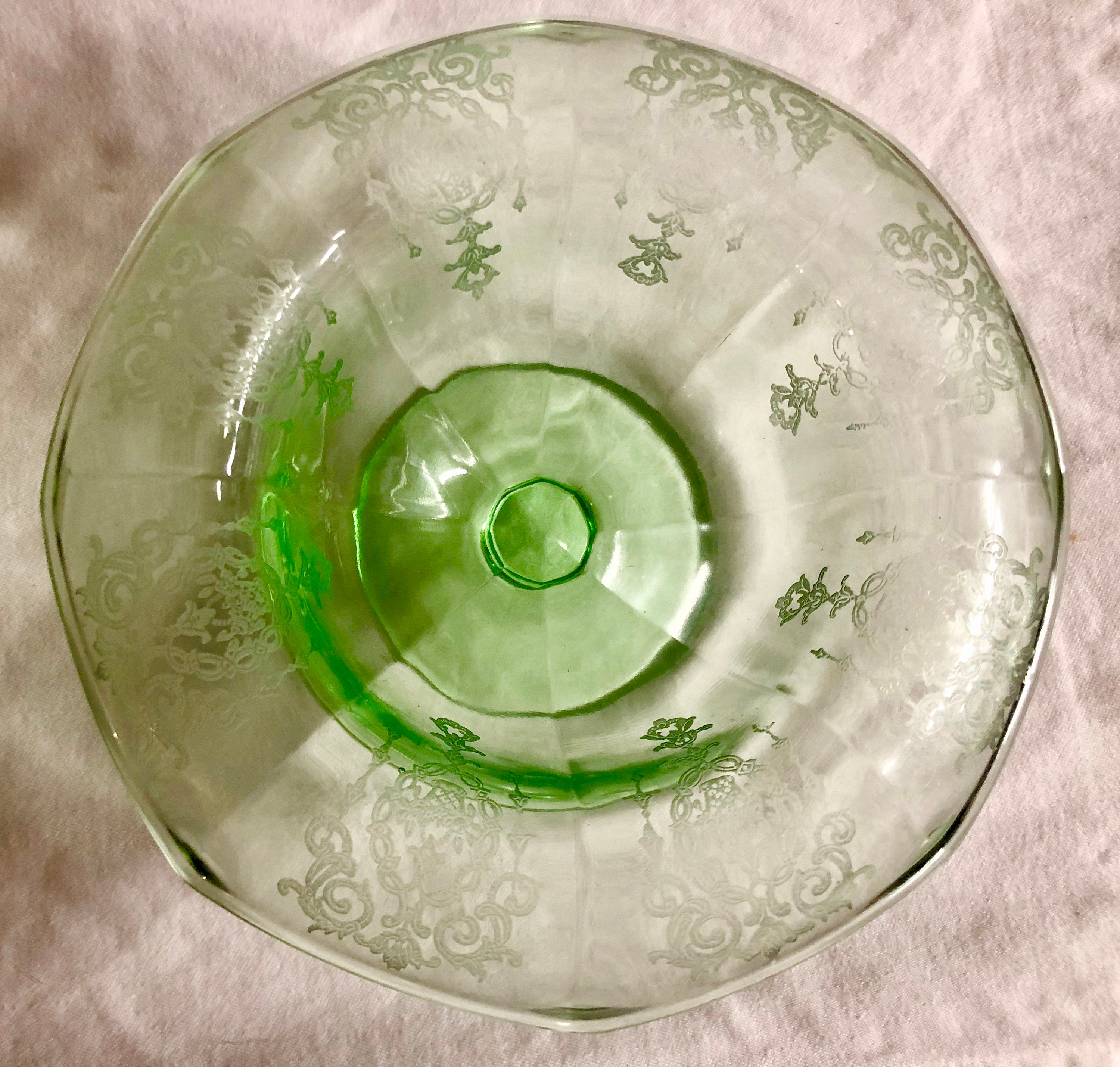 Antique Green Depression Glass Footed Candy/Trinket Dish with Scroll Design