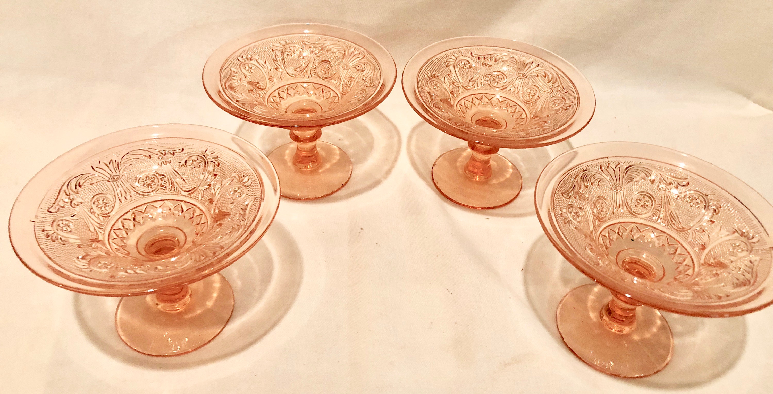 Antique Blush Pink Depression Glass Scroll Pattern Pedestal Dessert