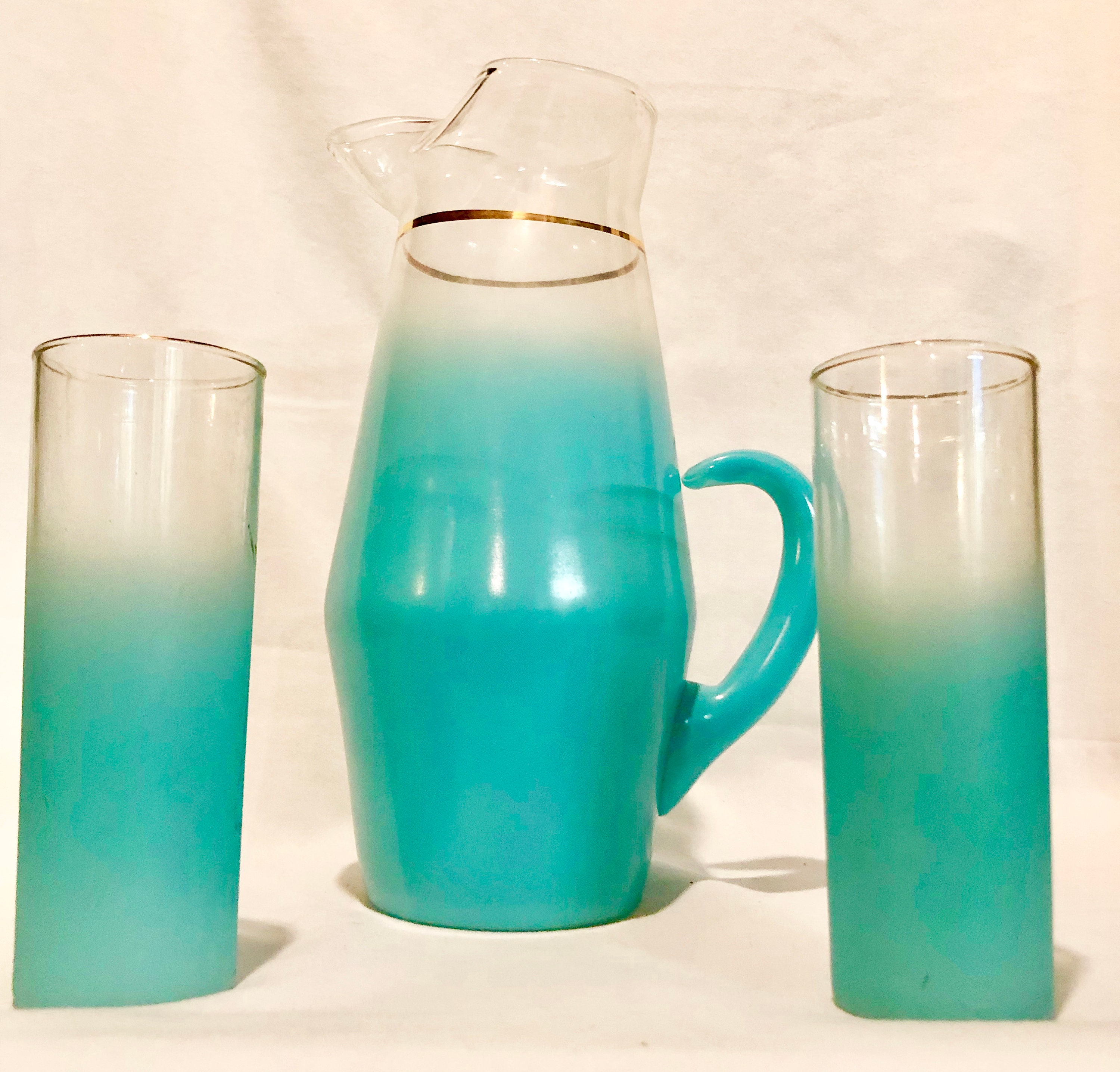 Midcentury Teal Glass Juice/Water Pitcher and set of Two Glasses