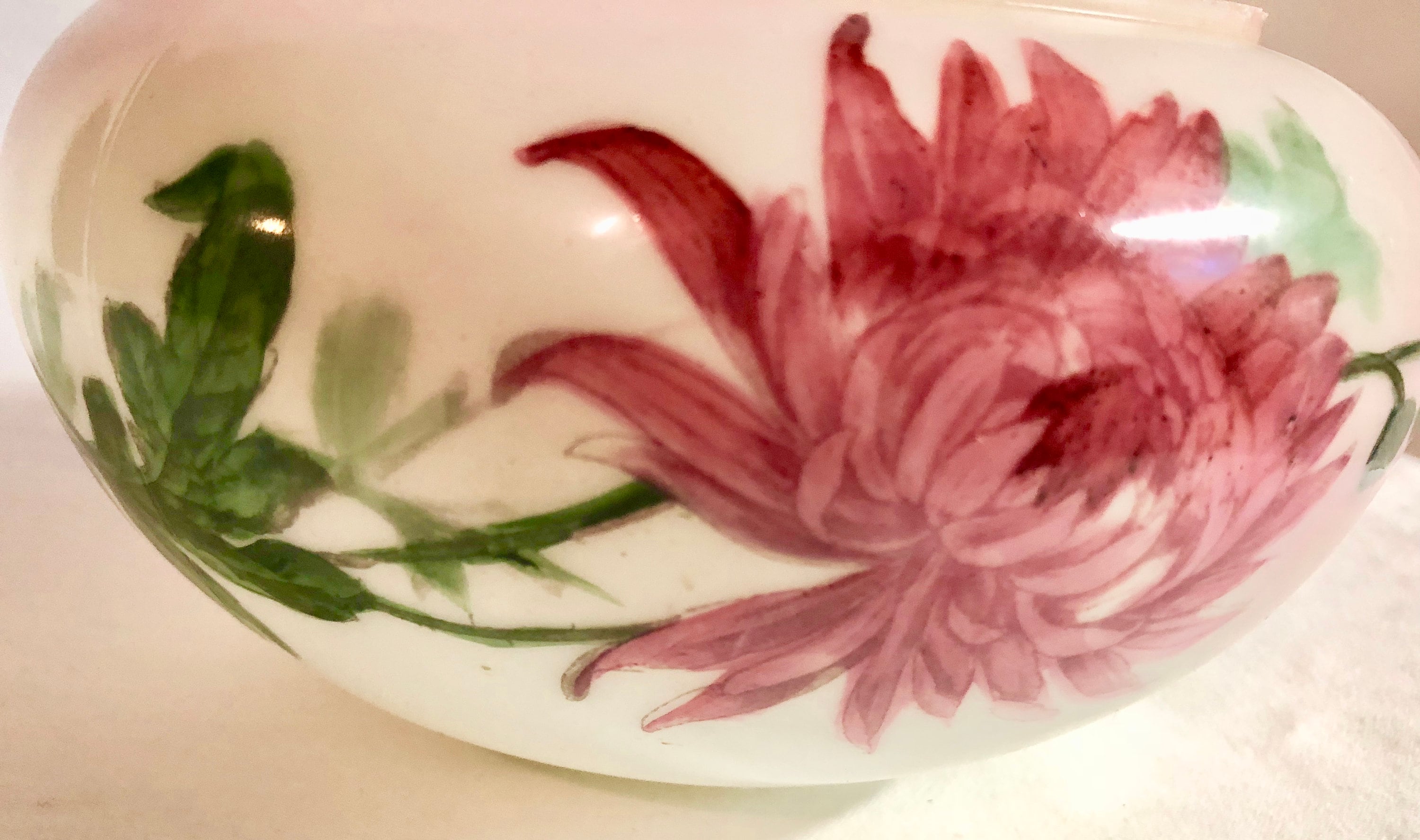 Vintage Glass Lamp Shade with Hand Painted Pink Floral Design