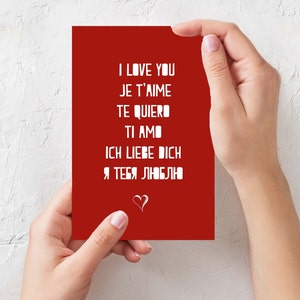 Carte postale - Je t'aime dans toutes les langues - Formats A6, envoyer lettres et courriers - Saint Valentin, couple