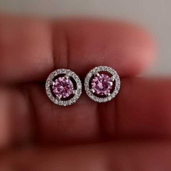 Puces d'oreilles diamant rose 2 carats, boucles d'oreilles halo en or blanc 14 carats, boucles d'oreilles pour femmes, boucles d'oreilles de mariée, cadeau pour maman, cadeau pour elle,