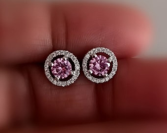 2 Ct Pink Diamond Stud Earrings, Halo Earrings in 14K White Gold Over, Women's Earrings, Bridal Earrings, Gift for Mom, Gift for her,