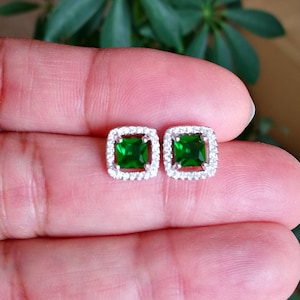 Emerald Earrings, Diamond Halo Earrings, Gift for Mom, Gift for her, Women's Earrings, Emerald Studs, Diamond Halo Earrings with Emerald