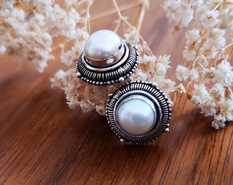 Pearl Oorbellen, Freshwater Pearl Oorbellen, Silver Stud Oorbellen, Bruiloft sieraden, bruidsmeisje, cadeau voor haar, cadeau voor mama, Bali sieraden, Pearl Studs