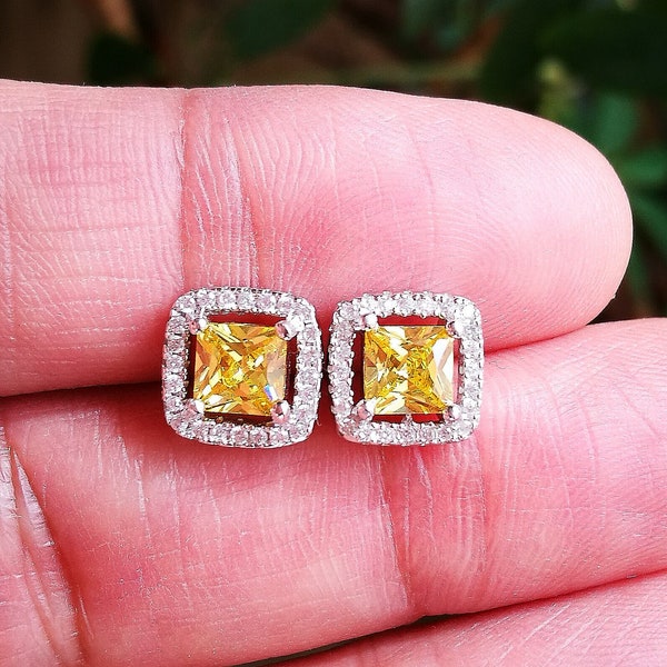 1 Ct Diamond Halo Stud Earrings,Princess Cut Yellow Fancy Color Diamond,Diamond Earrings, Brilliant Fancy Color Yellow Diamond Stud Earrings