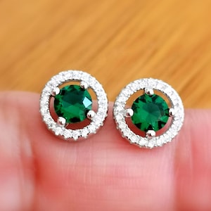 1 Ct Diamond Halo Earrings in 14K White Gold Finish, Man made Emeralds, Women’s Earrings, Everyday Earrings with pushbacks