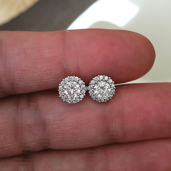 2 Ct Diamond Halo Earrings, Brilliant Round Diamond Earring in 14k White Gold, Womens earrings, Gold over Diamond Earrings, Everyday Earring