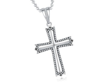 1.50 Ct Diamond Cross Pendant Necklace in 14K White Gold over, Womens Necklace, Mens Necklace, Gift for Mom, Gift for Her, Jesus Necklace
