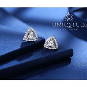2Ct Triangle Earrings, Diamond Halo Stud Earrings in 14K White Gold Over, Womens Diamond Earrings, Trillion Earrings with secure screw-backs