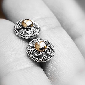 18K Gold and Sterling Silver Earrings,Stud Earrings, Womens Earrings,Designer Earrings,Gold Earrings,Bali Jewelry,Gift for her,Gift for Mom image 1