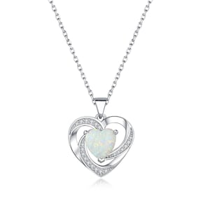 Diamond Heart Pendant Necklace with Opal in 14K White Gold over Womens Diamond Necklace, Opal Necklace, Opal Pendant