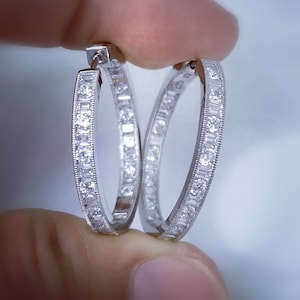 2 Ct Diamond Hoop Earrings, Womens Hoop Earrings, Huggies, Milligrain detail 14K White Gold Over Baguettes and Round Diamonds, Safe Lock