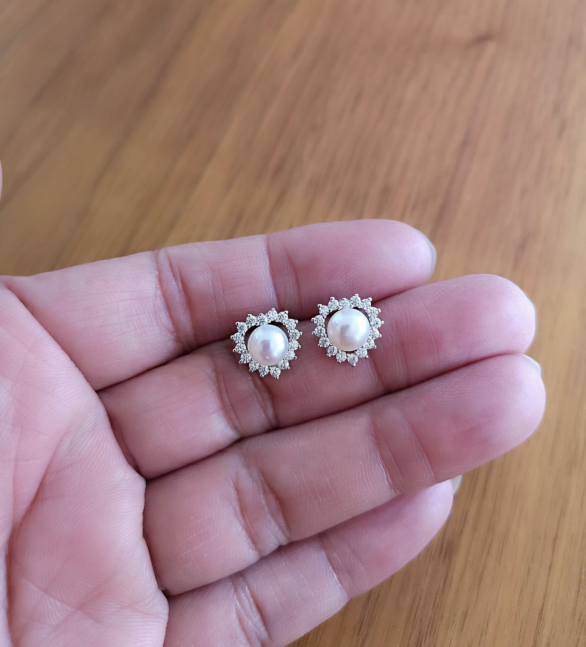 Pearl Earrings, Diamond Halo Pearl Earrings, Women's
