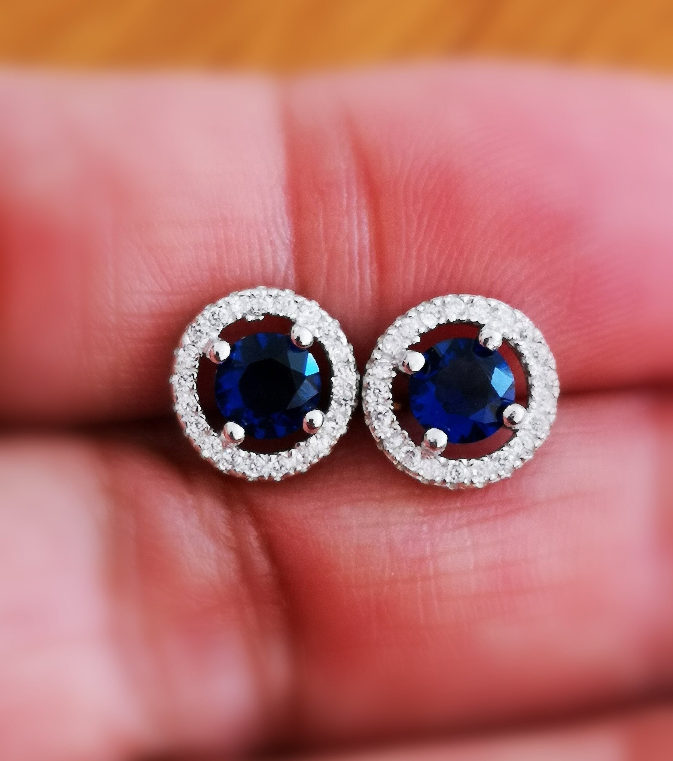 Blue Sapphire Halo Moissanite Earrings September Birthstone Earrings Tiny Genuine Oval Sapphire Studs Earrings Halo Earrings Bridal Earrings
