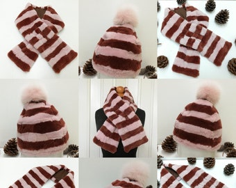 Set of a velvet nutria fur scarf  and a velvet nutria beanie pink-brown color ,real fur beanie, real fur scarf  90-150cm long and 12cm width