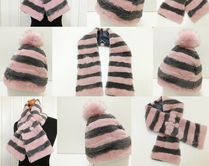 Set of a velvet nutria fur scarf and a velvet nutria beanie pink - grey color ,real fur beanie, real fur scarf  90-150cm long and 12cm width