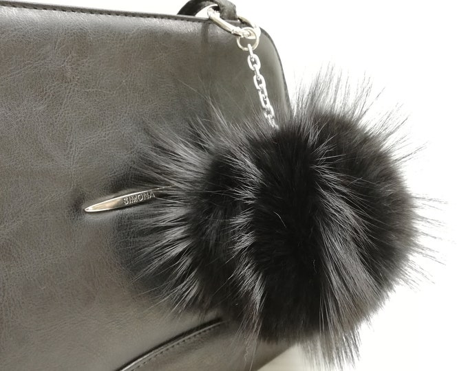 Real fox and finnraccoon fur black dyed color bag charm pompom keychain ,real fox pom ,fox fur keyring ,fur bag accessory, Gift for her