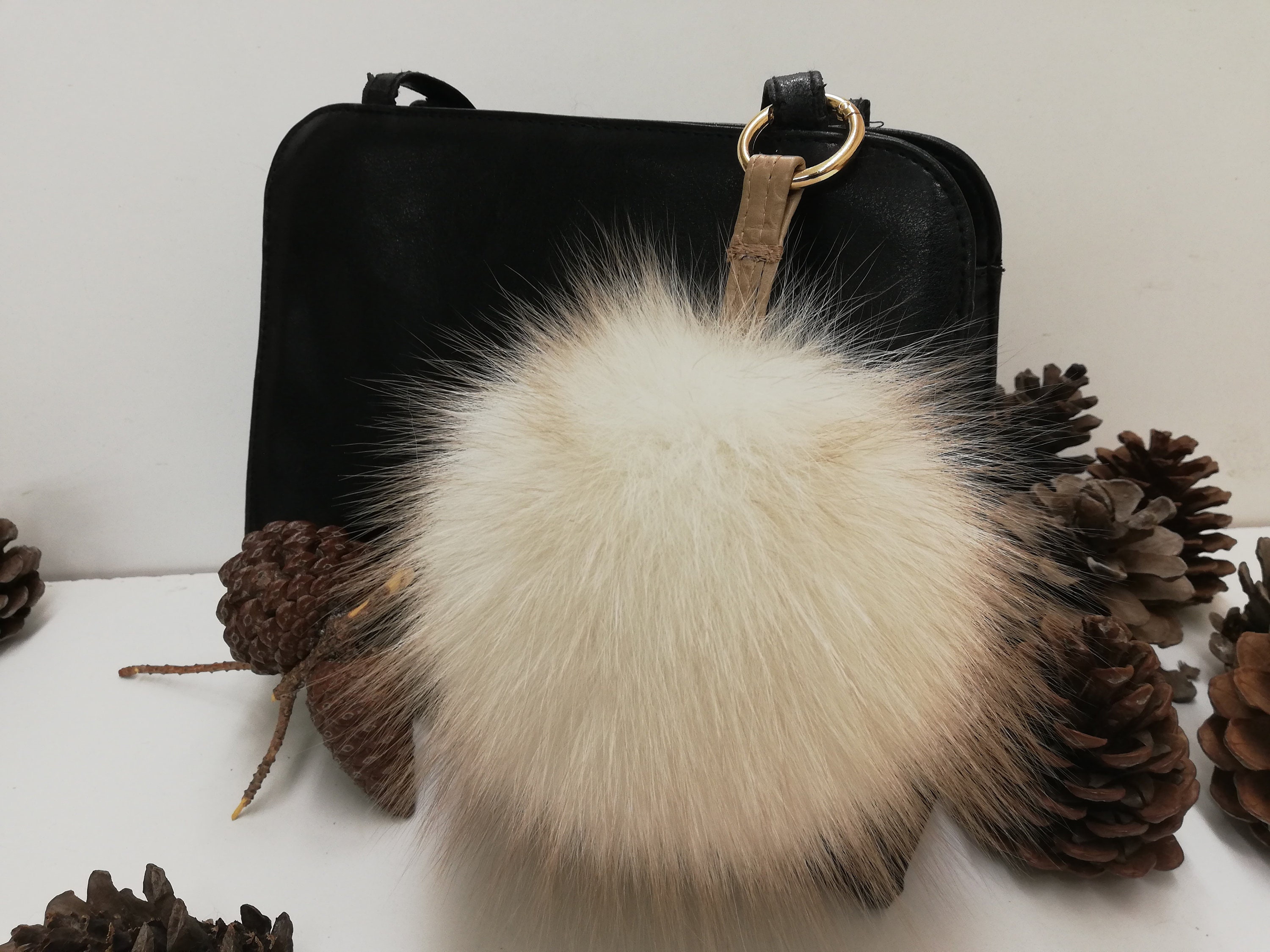 Real Fox Fur Beige Red Color Bag Charm Pom Pom fur 