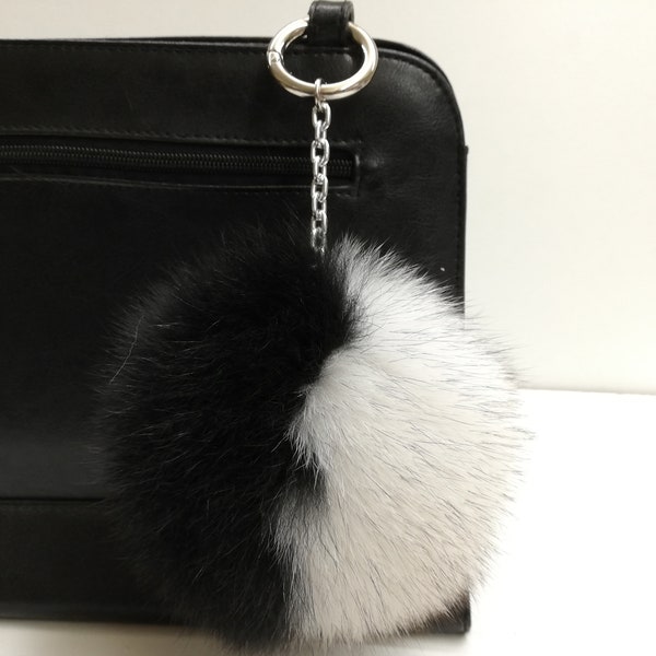 Fox fur bag charm black & white color,real fur pom pom,real fox pom, bag charm pom pom,pom pom keychain,real fur bag accessory, Gift for her