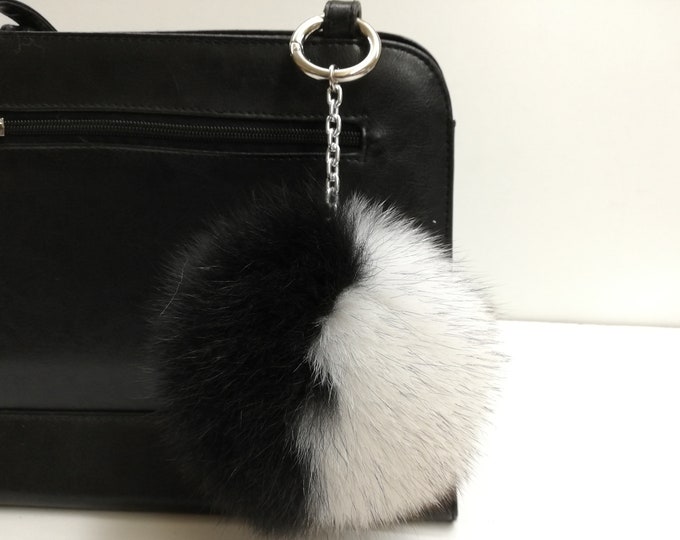 Fox fur bag charm black & white color,real fur pom pom,real fox pom, bag charm pom pom,pom pom keychain,real fur bag accessory, Gift for her