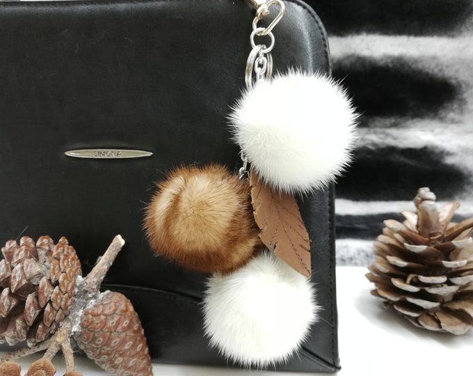 3 mink fur bag charm keychain pompom white - brown color with leather leaf, Gift for her, mink fur bag accessory, mink fur keyring- keychain