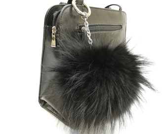Real raccoon fur bag charm pom pom dyed black color , pom pom keychain, fur bag accessory,  finnraccoon pom pom